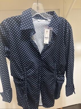 New York & Company Navy Polka Dot Button-Up Blouse